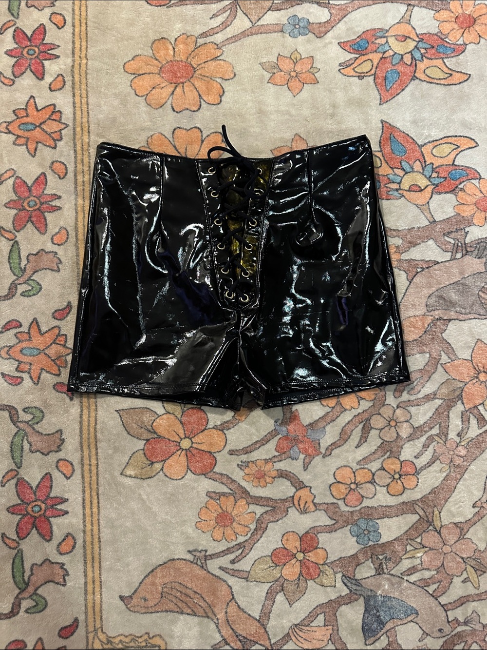 Black Patent Lace-Up High-Waist Shorts , with slight faded away color  in front